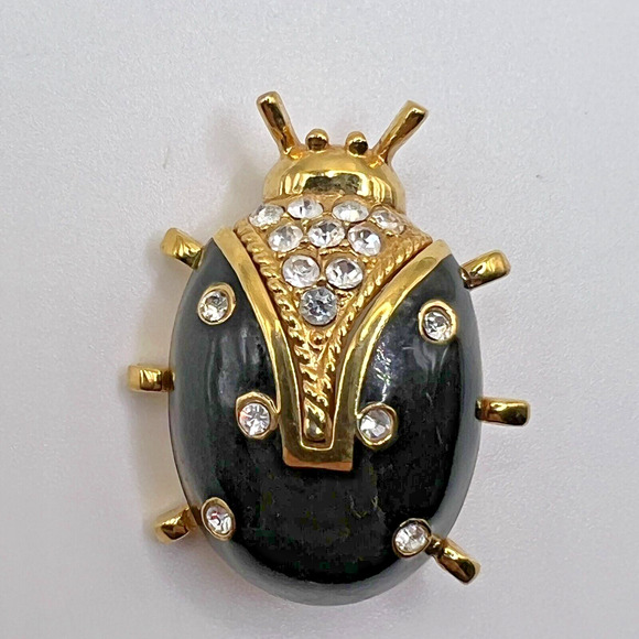 Signed SJ St John Vintage Designer Ladybug BEETLE BROOCH Bug Crystal Rhinestone - Picture 2 of 9